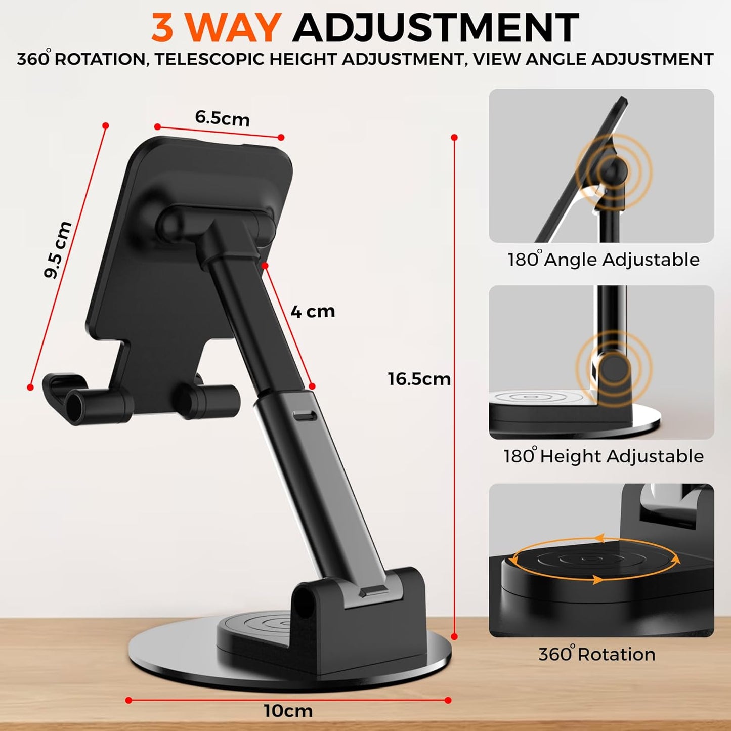 ThinkEasy Mobile Stand for Desk with 360°Rotation & Stable Metalic Round Base,Tabletop Phone Stand with Height & View Angle Adjustment,Portable Phone Holder for Smartphones,Tablets,Kindles & for iPad