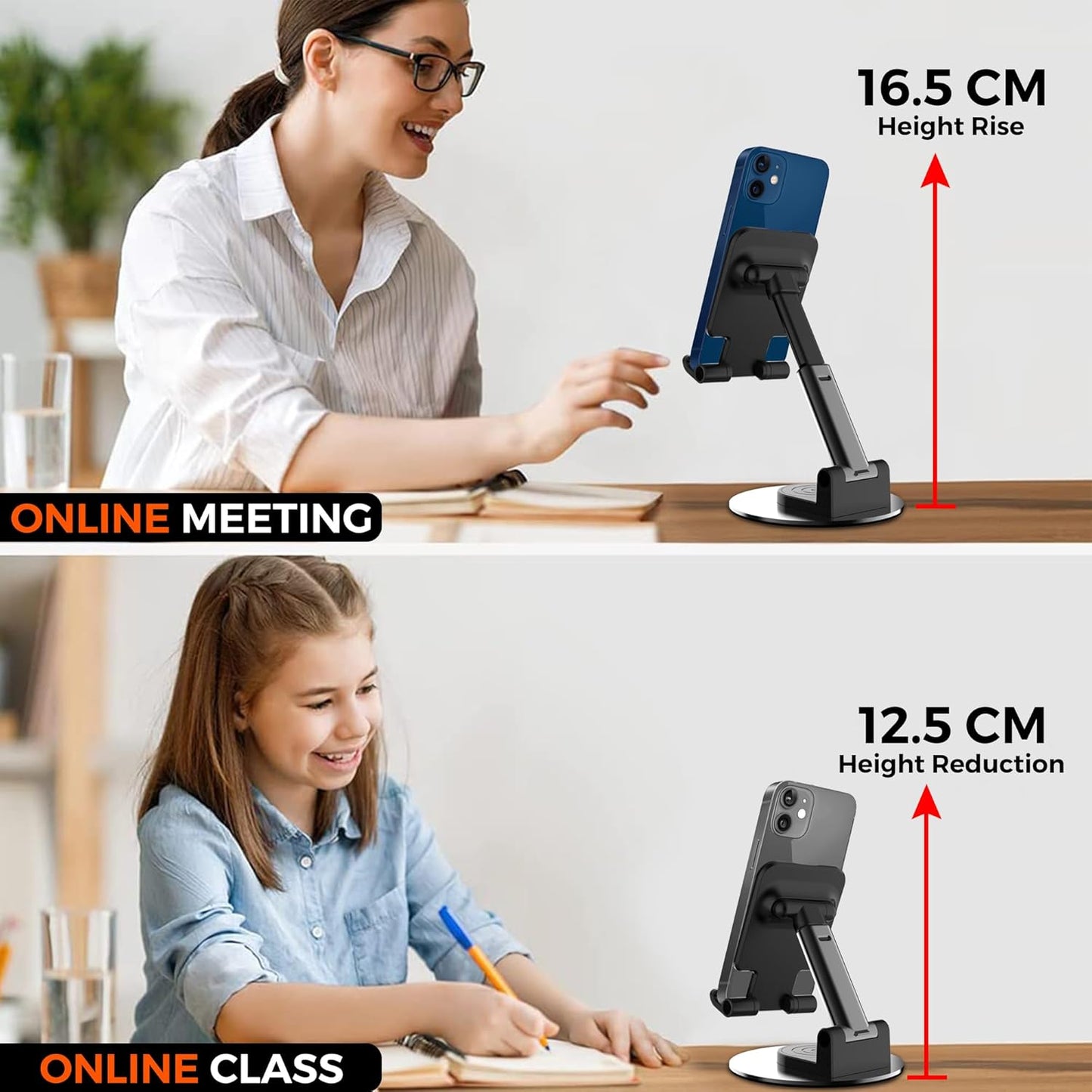 ThinkEasy Mobile Stand for Desk with 360°Rotation & Stable Metalic Round Base,Tabletop Phone Stand with Height & View Angle Adjustment,Portable Phone Holder for Smartphones,Tablets,Kindles & for iPad