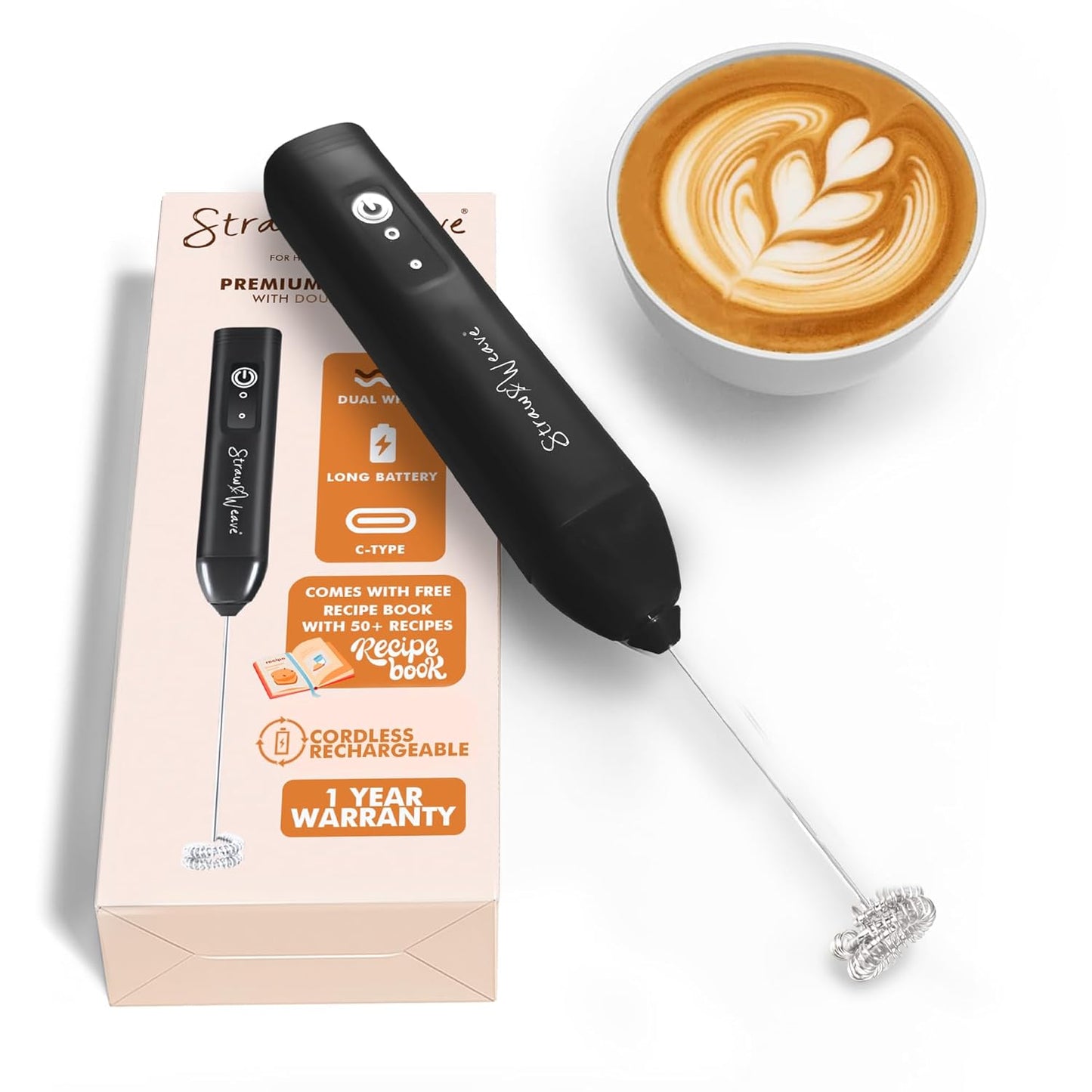 Coffee Frother Electric with Double Whisk | C Type Rechargeable Coffee Maker Machine for Home | 1 Year Warranty | Free Coffee Blender Recipe Book | Big Battery 1 Charge = 15 Days Use