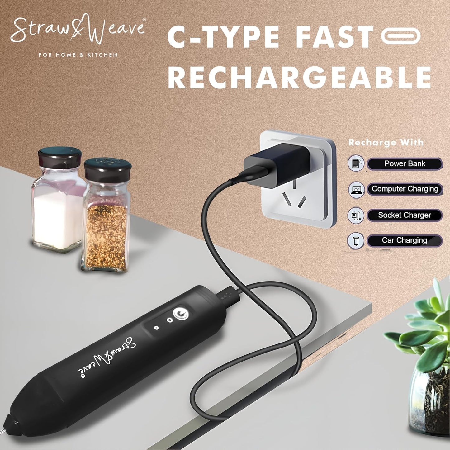 Coffee Frother Electric with Double Whisk | C Type Rechargeable Coffee Maker Machine for Home | 1 Year Warranty | Free Coffee Blender Recipe Book | Big Battery 1 Charge = 15 Days Use