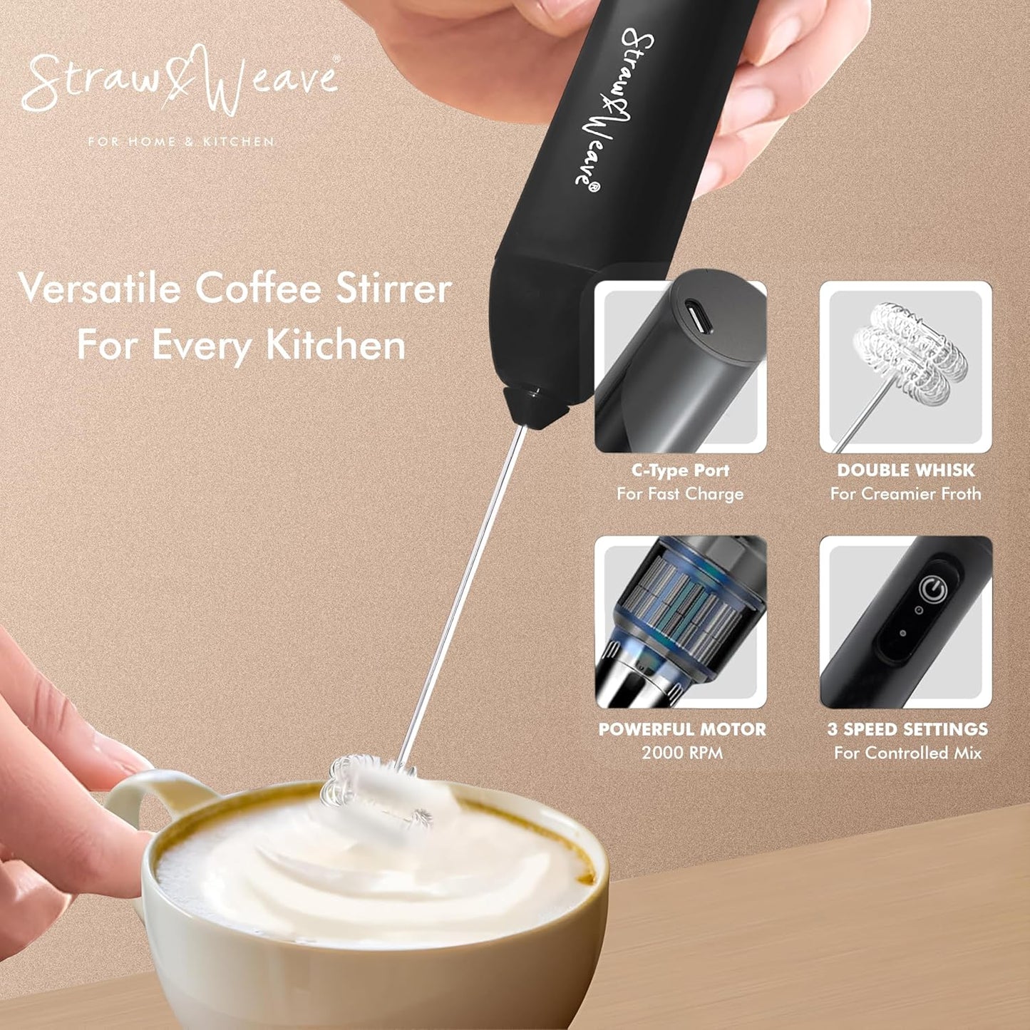 Coffee Frother Electric with Double Whisk | C Type Rechargeable Coffee Maker Machine for Home | 1 Year Warranty | Free Coffee Blender Recipe Book | Big Battery 1 Charge = 15 Days Use
