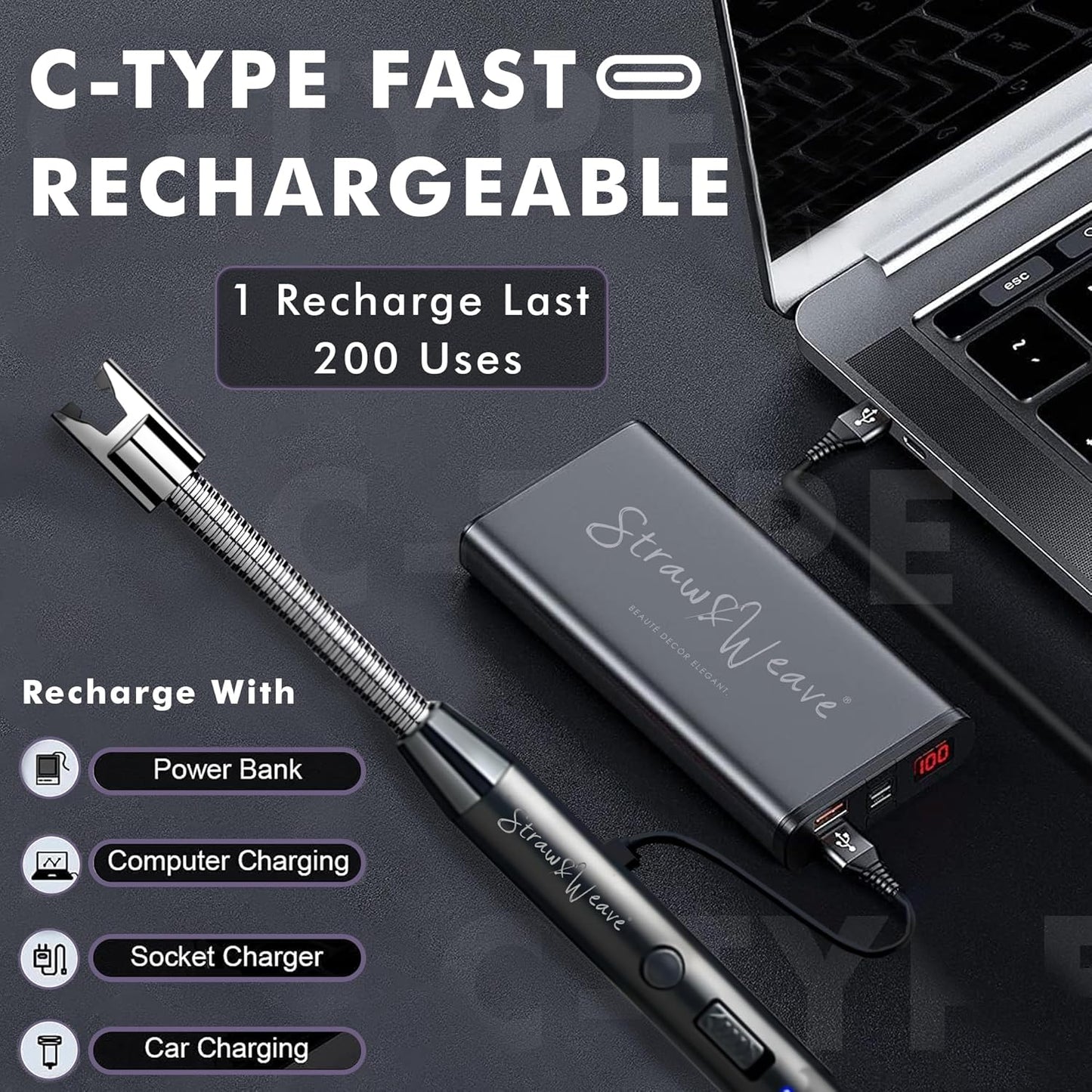 Rechargeable Electric Gas Lighter for Kitchen, Lighter for Gas Stove, Candles, Pooja, 1 Year Warranty, C-Type USB, Kitchen Tools, Multi Purpose - 360° Flexible & Windproof, Black