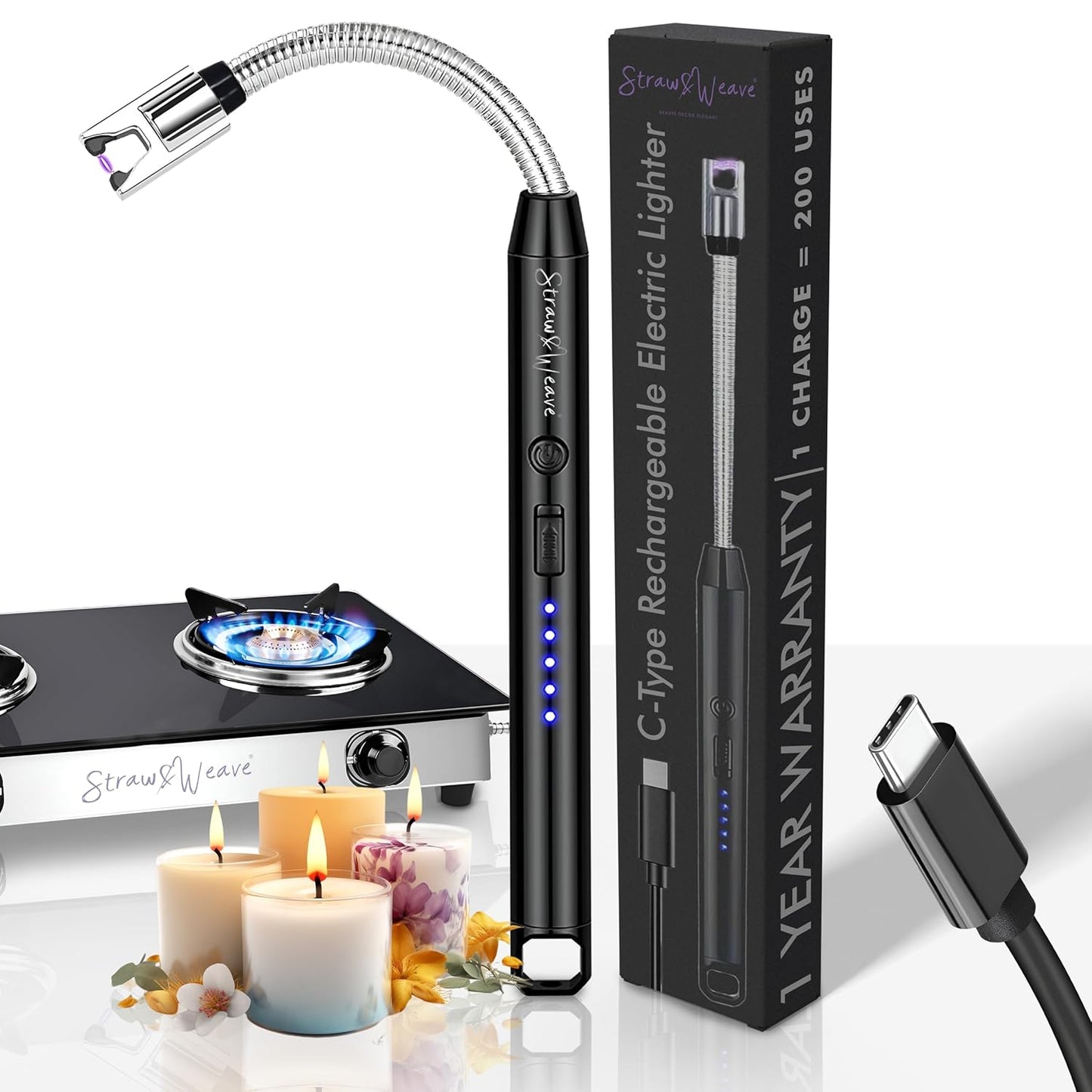 Rechargeable Electric Gas Lighter for Kitchen, Lighter for Gas Stove, Candles, Pooja, 1 Year Warranty, C-Type USB, Kitchen Tools, Multi Purpose - 360° Flexible & Windproof, Black
