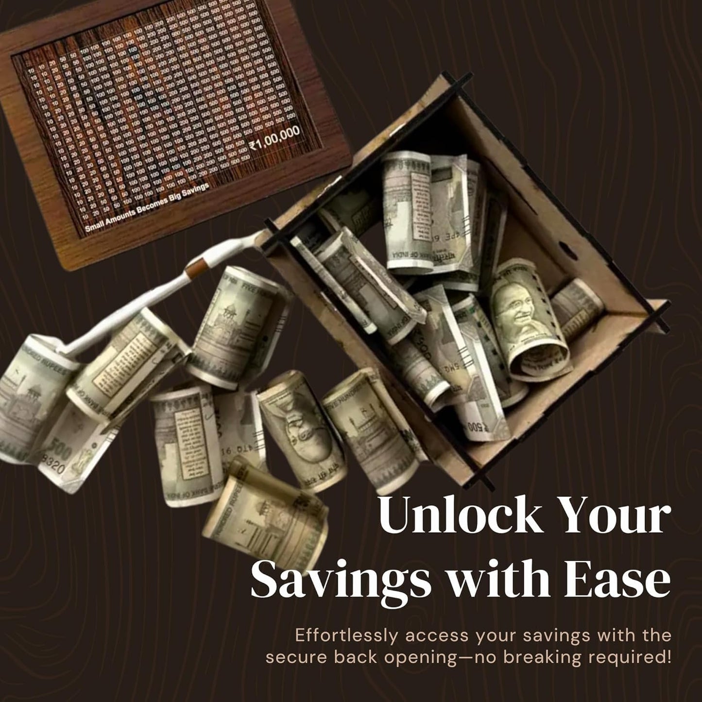 ThinkEasy Wooden Piggy Bank for Kids & Adults, Coin Box with Carved Design, Savings Box, Mini Bank, Wooden Coin Box, Money Saver, Piggy Bank with Numbers